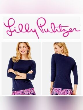 Lilly Pulitzer Halee Boat Neck 3/4-Sleeve Tee Shirt in Low Tide Navy Sz XXL